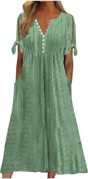 Maxi Long Dresses for Women 2025 Trendy Eyelet Dress Short Sleeve Tshirt Dress Casual Summer Beach Vacation Sundress