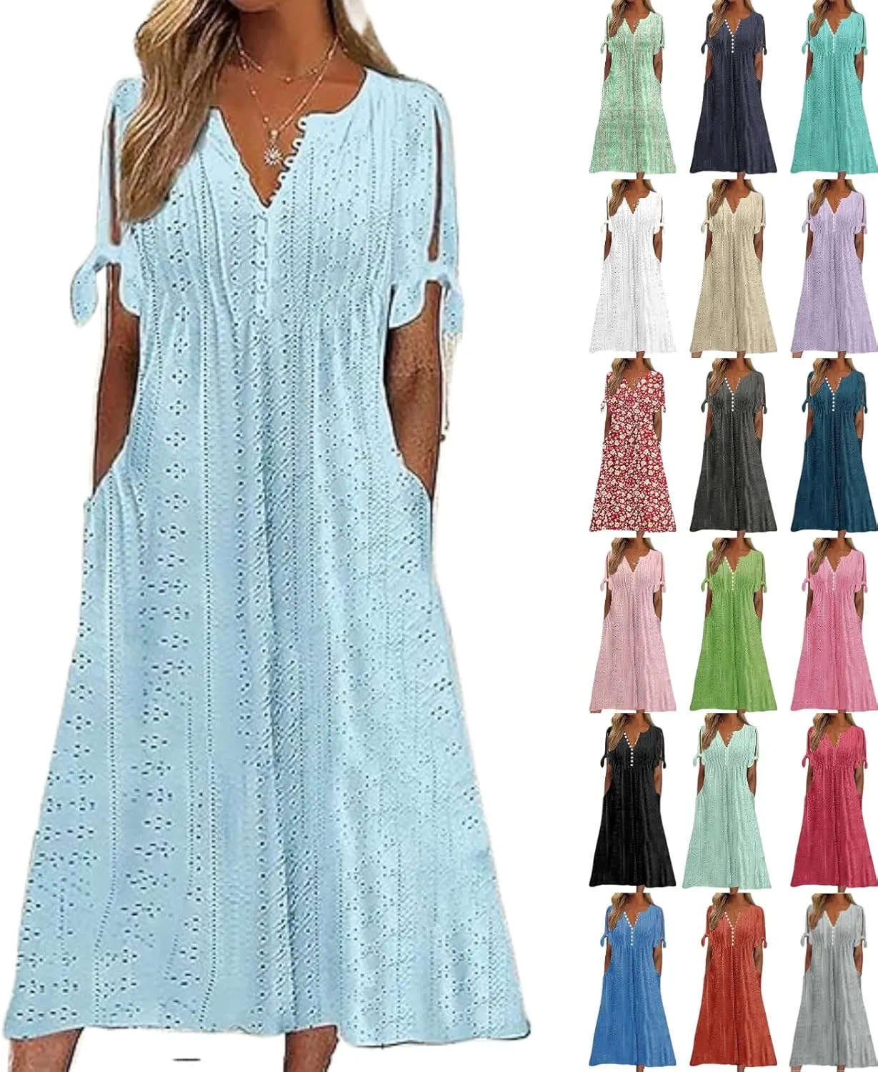 Maxi Long Dresses for Women 2025 Trendy Eyelet Dress Short Sleeve Tshirt Dress Casual Summer Beach Vacation Sundress