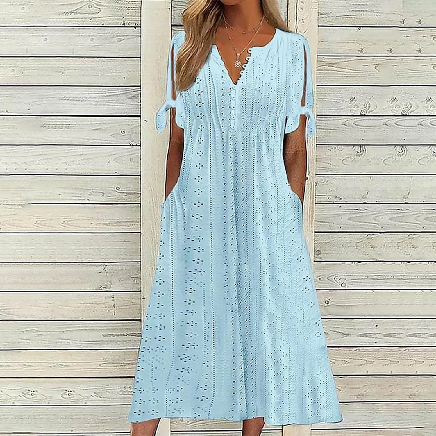 Maxi Long Dresses for Women 2025 Trendy Eyelet Dress Short Sleeve Tshirt Dress Casual Summer Beach Vacation Sundress