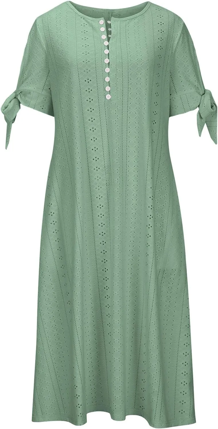 Maxi Long Dresses for Women 2025 Trendy Eyelet Dress Short Sleeve Tshirt Dress Casual Summer Beach Vacation Sundress