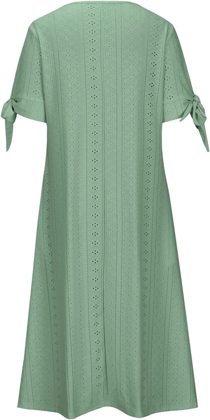 Maxi Long Dresses for Women 2025 Trendy Eyelet Dress Short Sleeve Tshirt Dress Casual Summer Beach Vacation Sundress