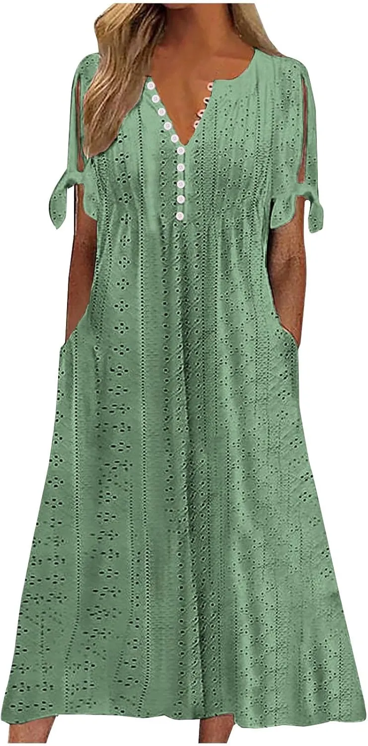Maxi Long Dresses for Women 2025 Trendy Eyelet Dress Short Sleeve Tshirt Dress Casual Summer Beach Vacation Sundress