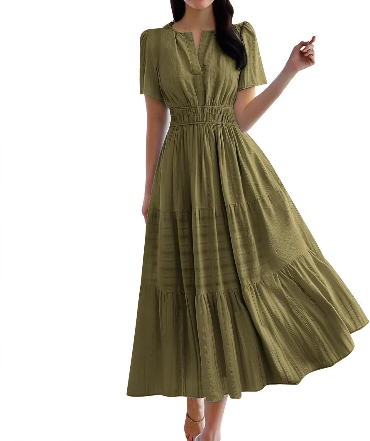 Maxi Sundresses for Women 2025 Vacation Womens Elastic Waist Ruffle Sundress Women's Short Sleeve A-Line Midi Dress