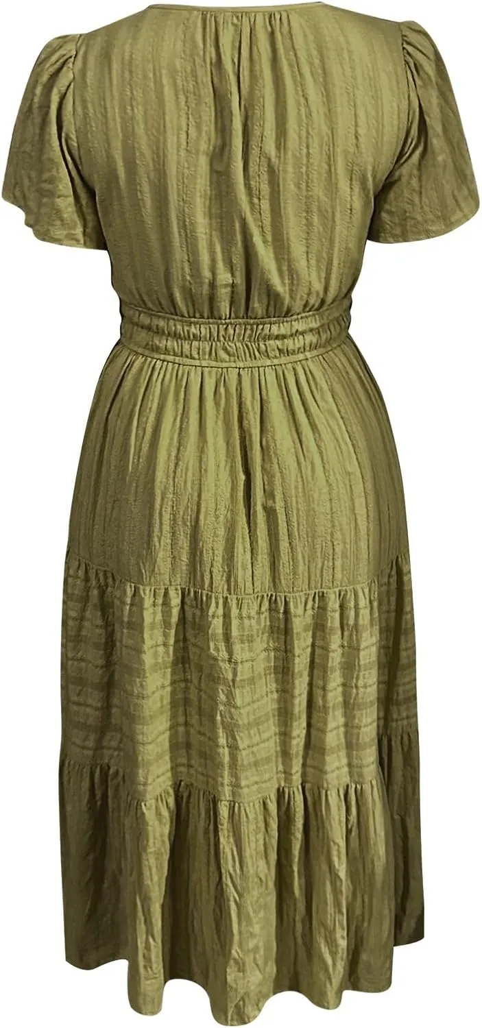 Maxi Sundresses for Women 2025 Vacation Womens Elastic Waist Ruffle Sundress Women's Short Sleeve A-Line Midi Dress
