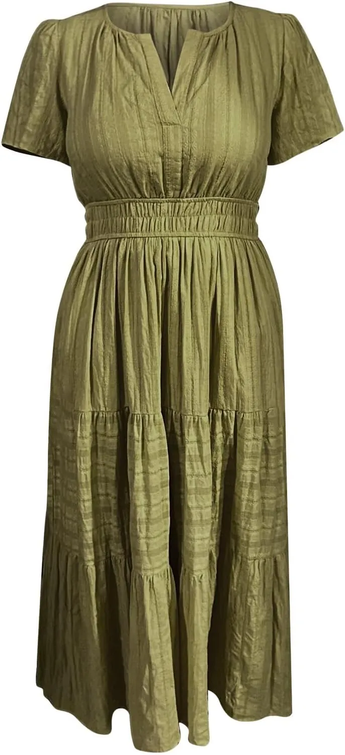 Maxi Sundresses for Women 2025 Vacation Womens Elastic Waist Ruffle Sundress Women's Short Sleeve A-Line Midi Dress