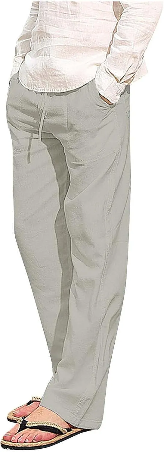 Men Fashion Cotton Linen Plus Size Casual Elastic Waist Pockets Long Pants