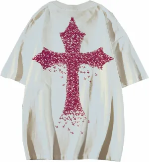 Men Y2K Goth T-Shirt Grunge Cross Graphic Tees Emo Alt Short Sleeve Shirt Oversize Harajuku Punk Blouse Top Clothes