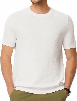 Mens 100% Cotton T-Shirts Casual Short Sleeve Crewneck Knit Shirts Summer Waffle Solid Knitted Pullover Sweater