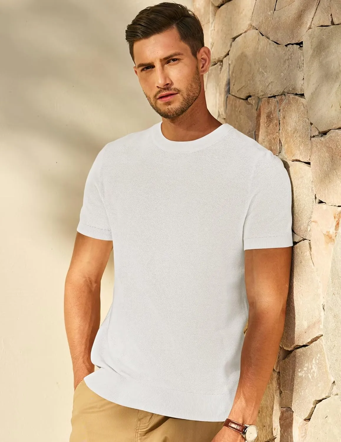 Mens 100% Cotton T-Shirts Casual Short Sleeve Crewneck Knit Shirts Summer Waffle Solid Knitted Pullover Sweater