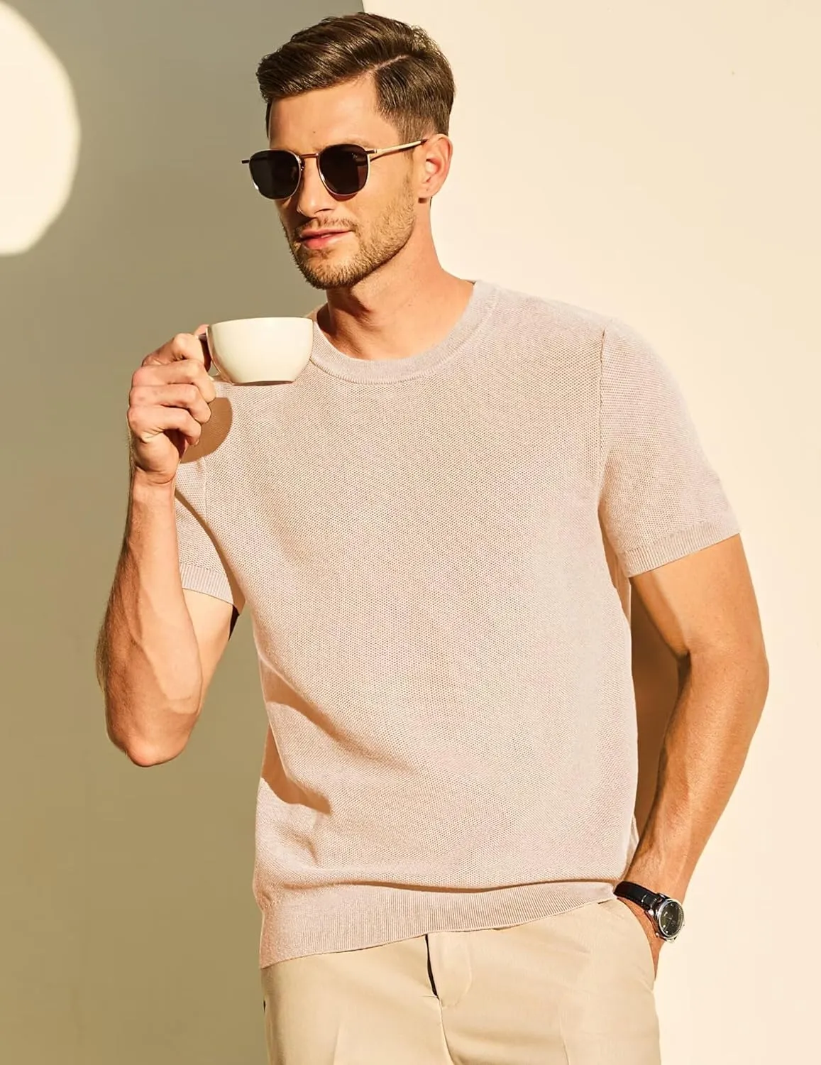 Mens 100% Cotton T-Shirts Casual Short Sleeve Crewneck Knit Shirts Summer Waffle Solid Knitted Pullover Sweater