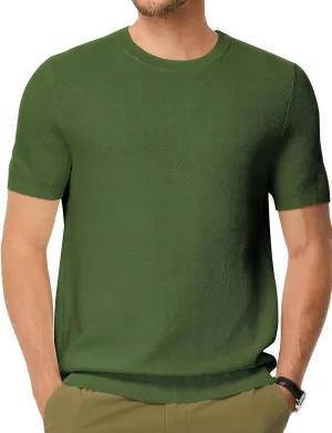 Mens 100% Cotton T-Shirts Casual Short Sleeve Crewneck Knit Shirts Summer Waffle Solid Knitted Pullover Sweater