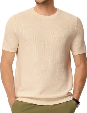 Mens 100% Cotton T-Shirts Casual Short Sleeve Crewneck Knit Shirts Summer Waffle Solid Knitted Pullover Sweater