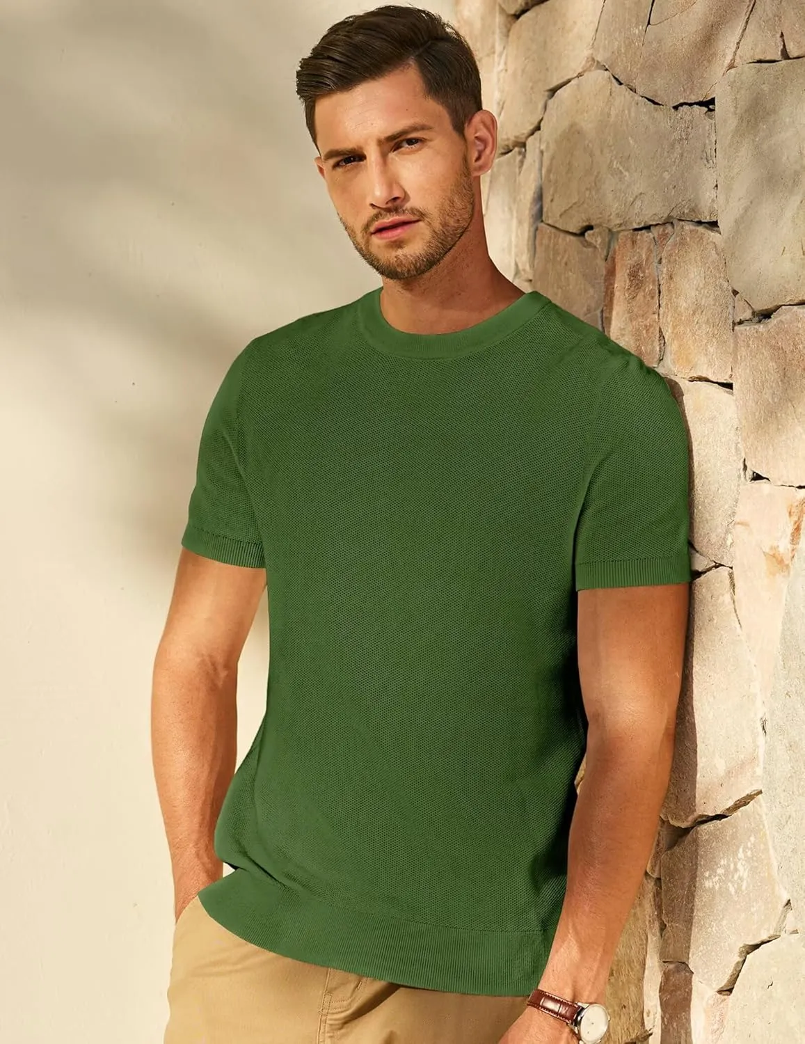 Mens 100% Cotton T-Shirts Casual Short Sleeve Crewneck Knit Shirts Summer Waffle Solid Knitted Pullover Sweater