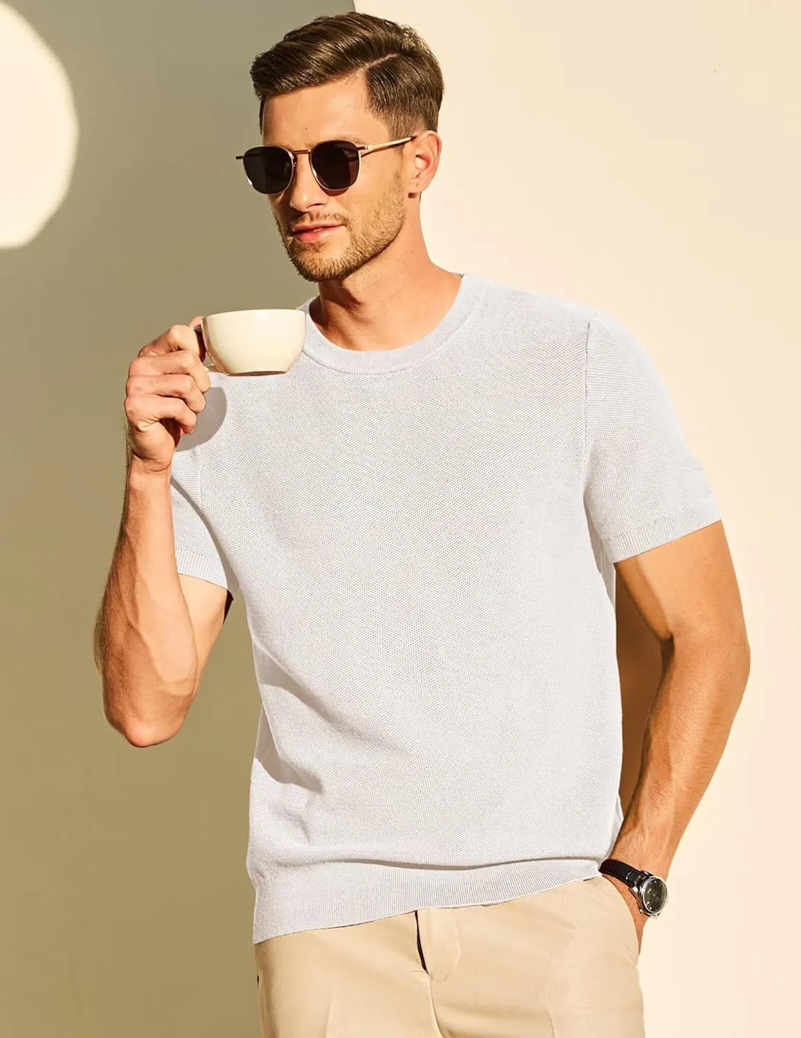 Mens 100% Cotton T-Shirts Casual Short Sleeve Crewneck Knit Shirts Summer Waffle Solid Knitted Pullover Sweater