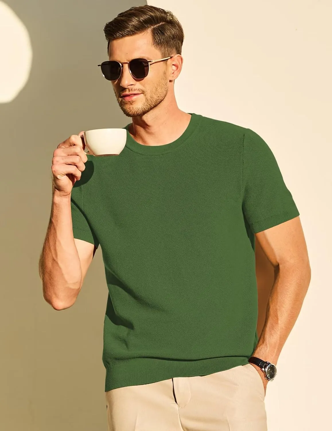 Mens 100% Cotton T-Shirts Casual Short Sleeve Crewneck Knit Shirts Summer Waffle Solid Knitted Pullover Sweater