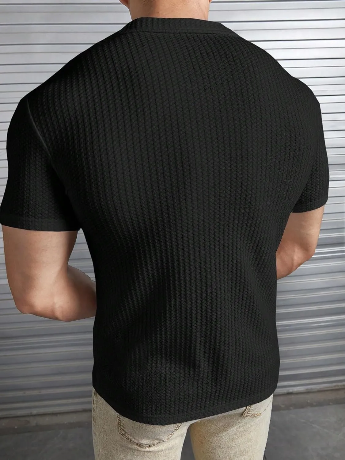 Men's Button Down Muscle Shirts Short Sleeve Lapel Collar V Neck Knit Casual Work Tee Shirt