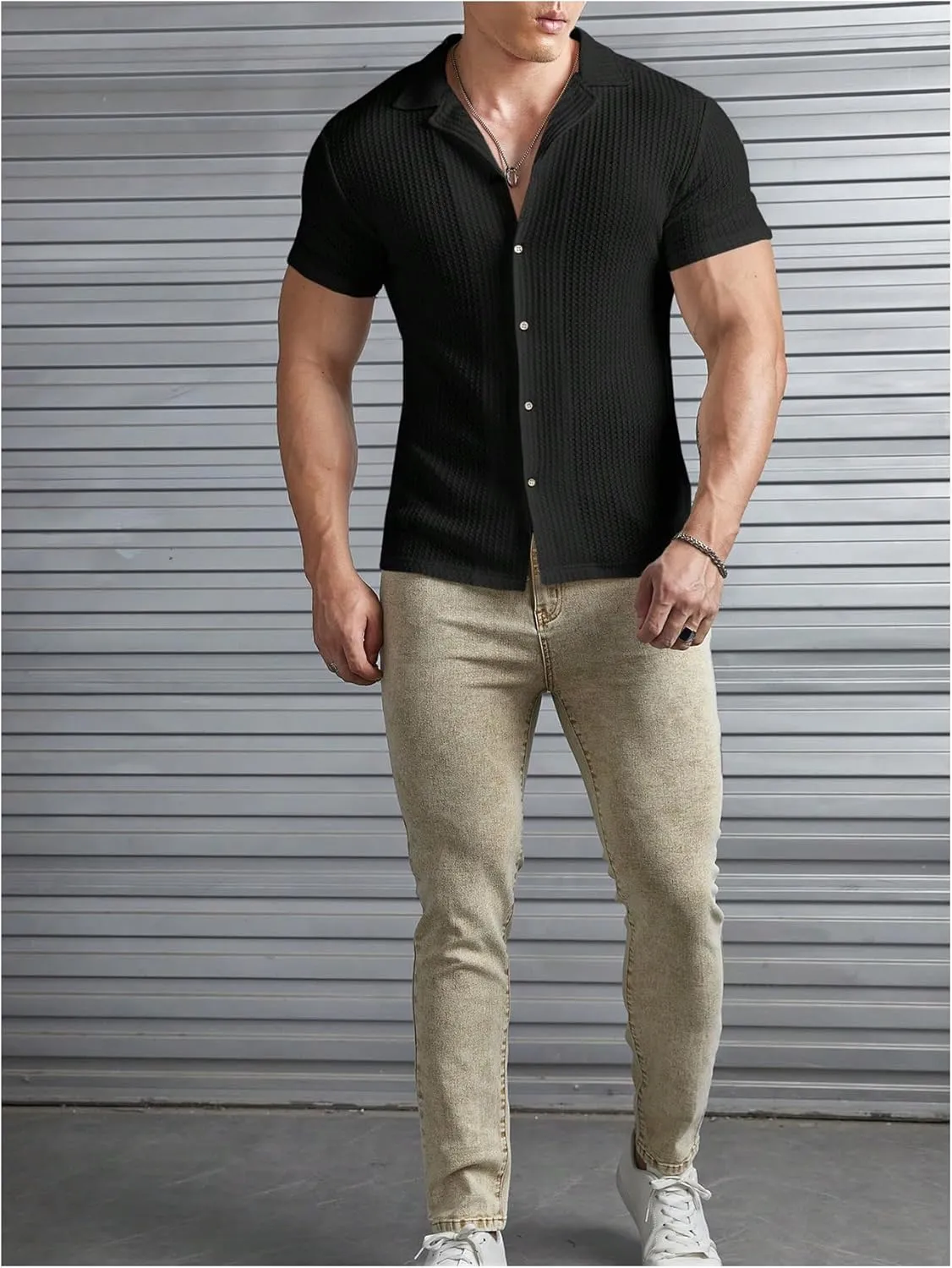 Men's Button Down Muscle Shirts Short Sleeve Lapel Collar V Neck Knit Casual Work Tee Shirt