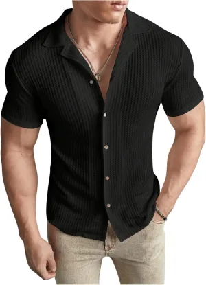 Men's Button Down Muscle Shirts Short Sleeve Lapel Collar V Neck Knit Casual Work Tee Shirt