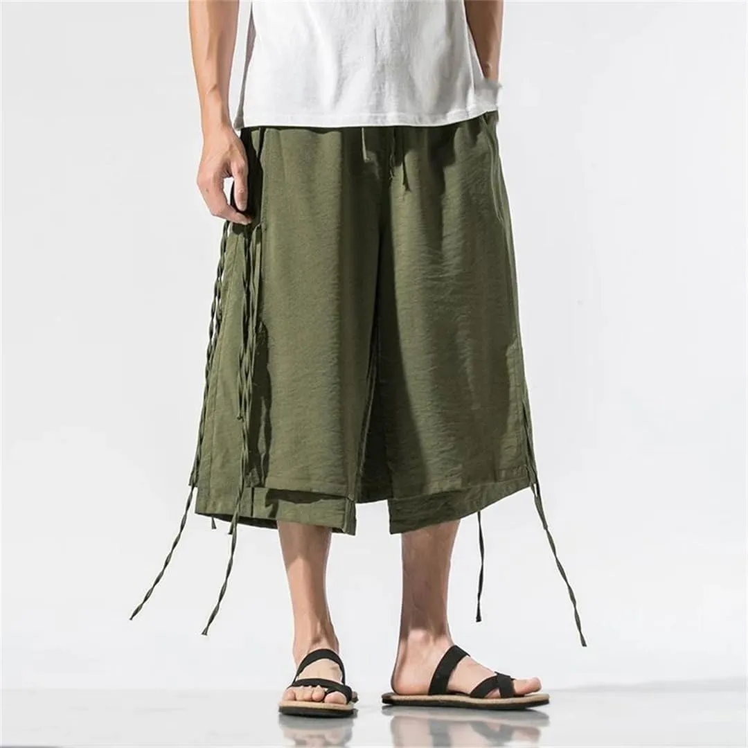Men's Double Layer Harem Pants Cotton Elastic Waist Trousers Knee-Length Casual Sports Pants