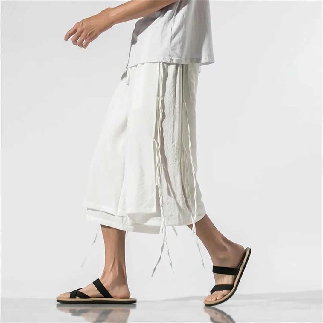 Men's Double Layer Harem Pants Cotton Elastic Waist Trousers Knee-Length Casual Sports Pants