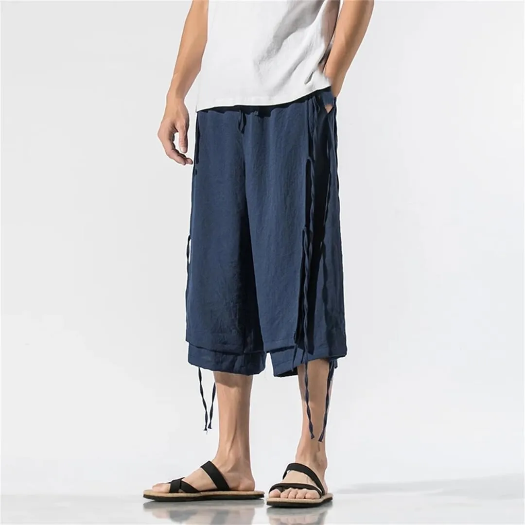 Men's Double Layer Harem Pants Cotton Elastic Waist Trousers Knee-Length Casual Sports Pants