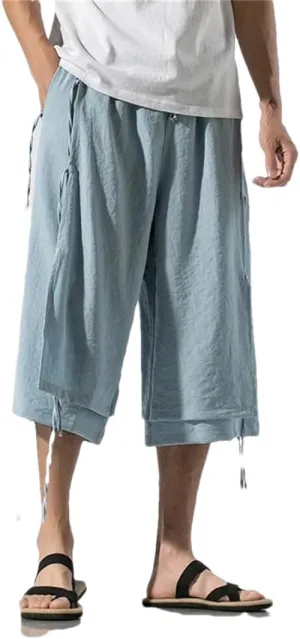 Men's Double Layer Harem Pants Cotton Elastic Waist Trousers Knee-Length Casual Sports Pants
