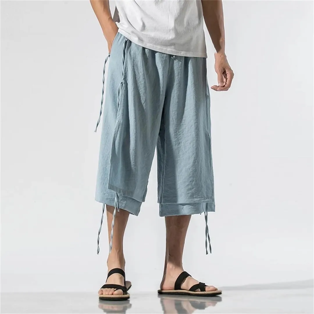 Men's Double Layer Harem Pants Cotton Elastic Waist Trousers Knee-Length Casual Sports Pants