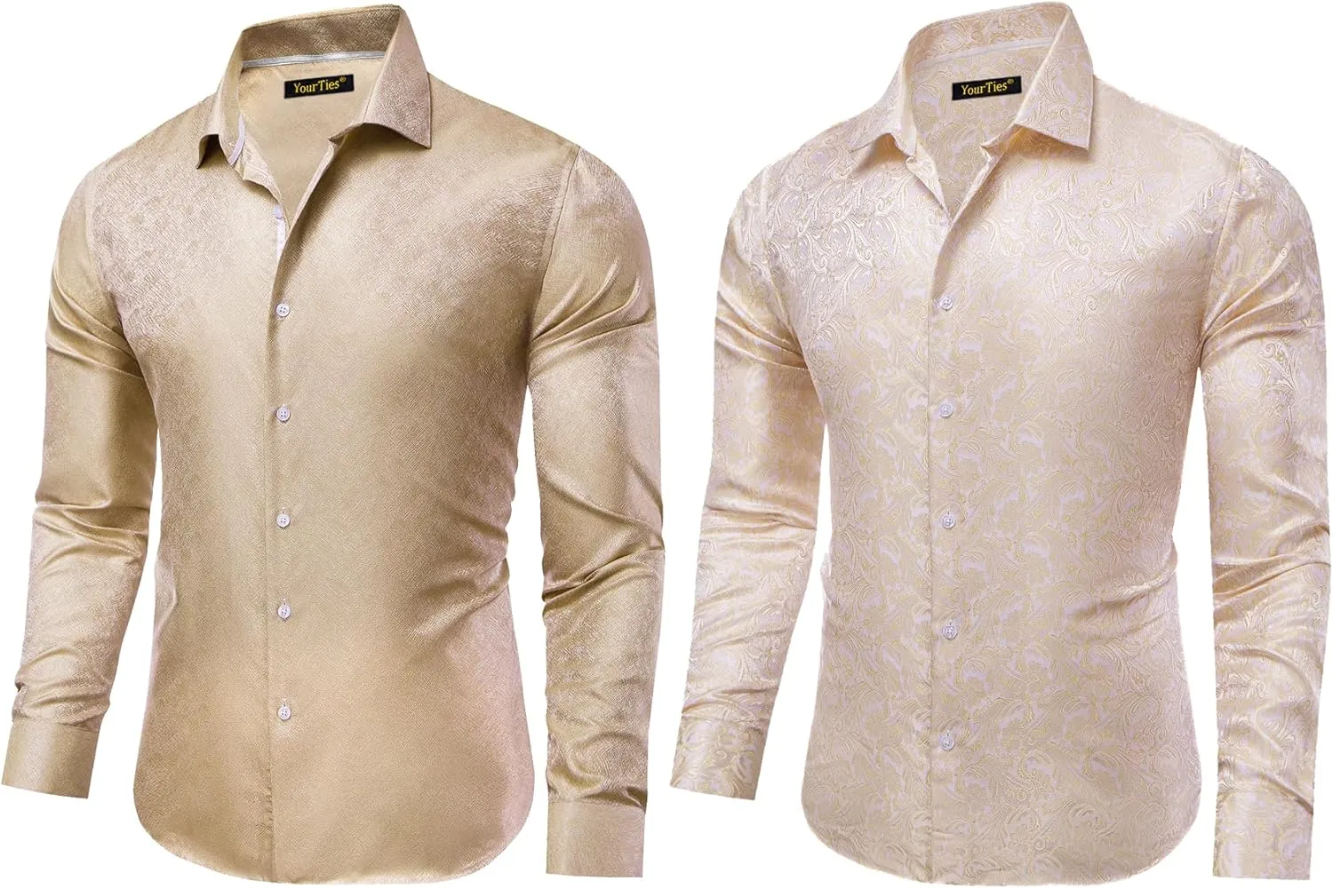 Mens Dress Shirt Casual Button Down Shirt Long Sleeve Silk Paisley Floral Wedding Party Shirts Mardi Gras Gold Champagne