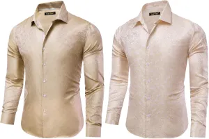 Mens Dress Shirt Casual Button Down Shirt Long Sleeve Silk Paisley Floral Wedding Party Shirts Mardi Gras Gold Champagne