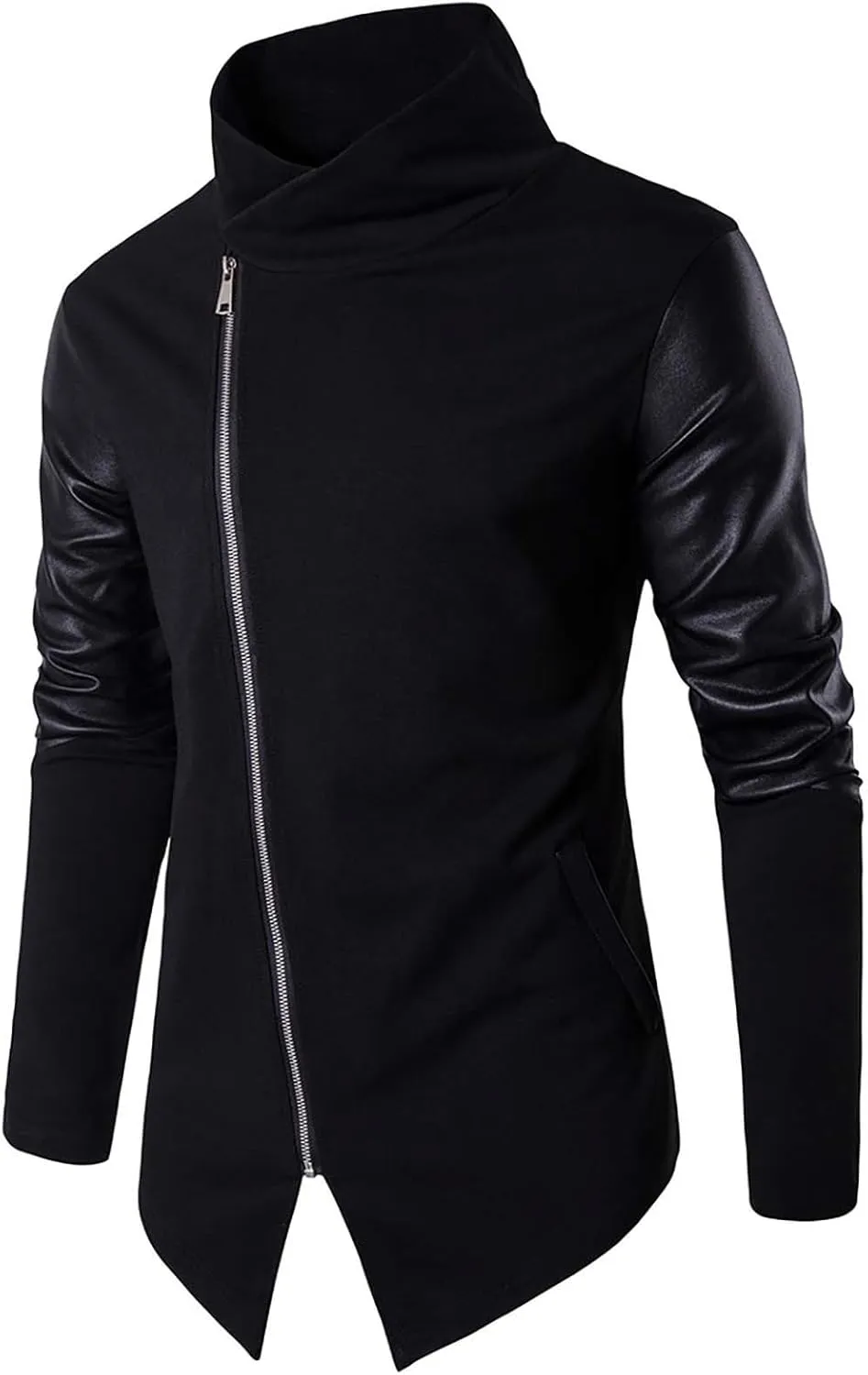 Men's Knit Leather Patchwork Jacket Windproof Zip-Up Stand Collar Slim Fit Black Casual Jacket Outwear for Men