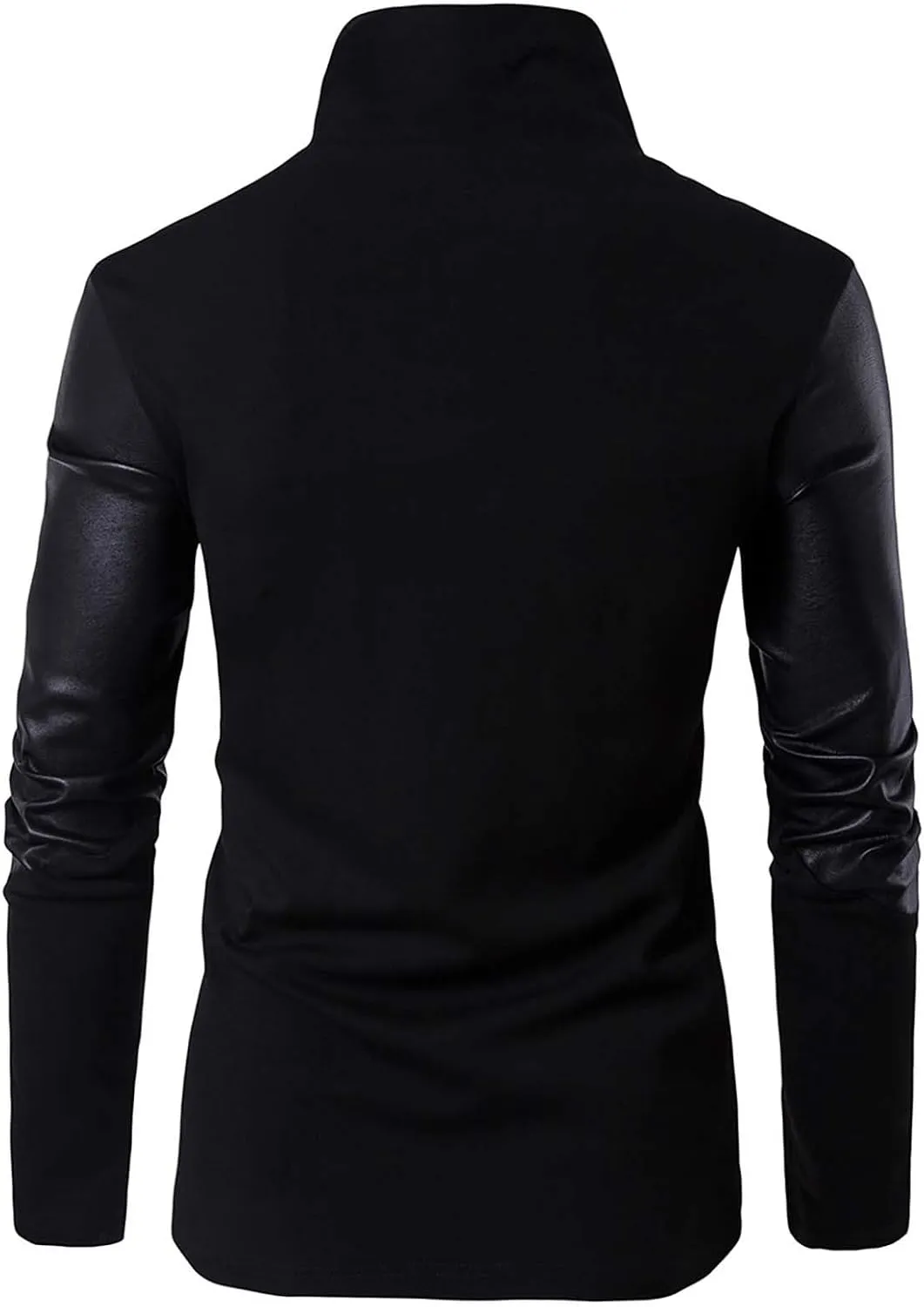 Men's Knit Leather Patchwork Jacket Windproof Zip-Up Stand Collar Slim Fit Black Casual Jacket Outwear for Men