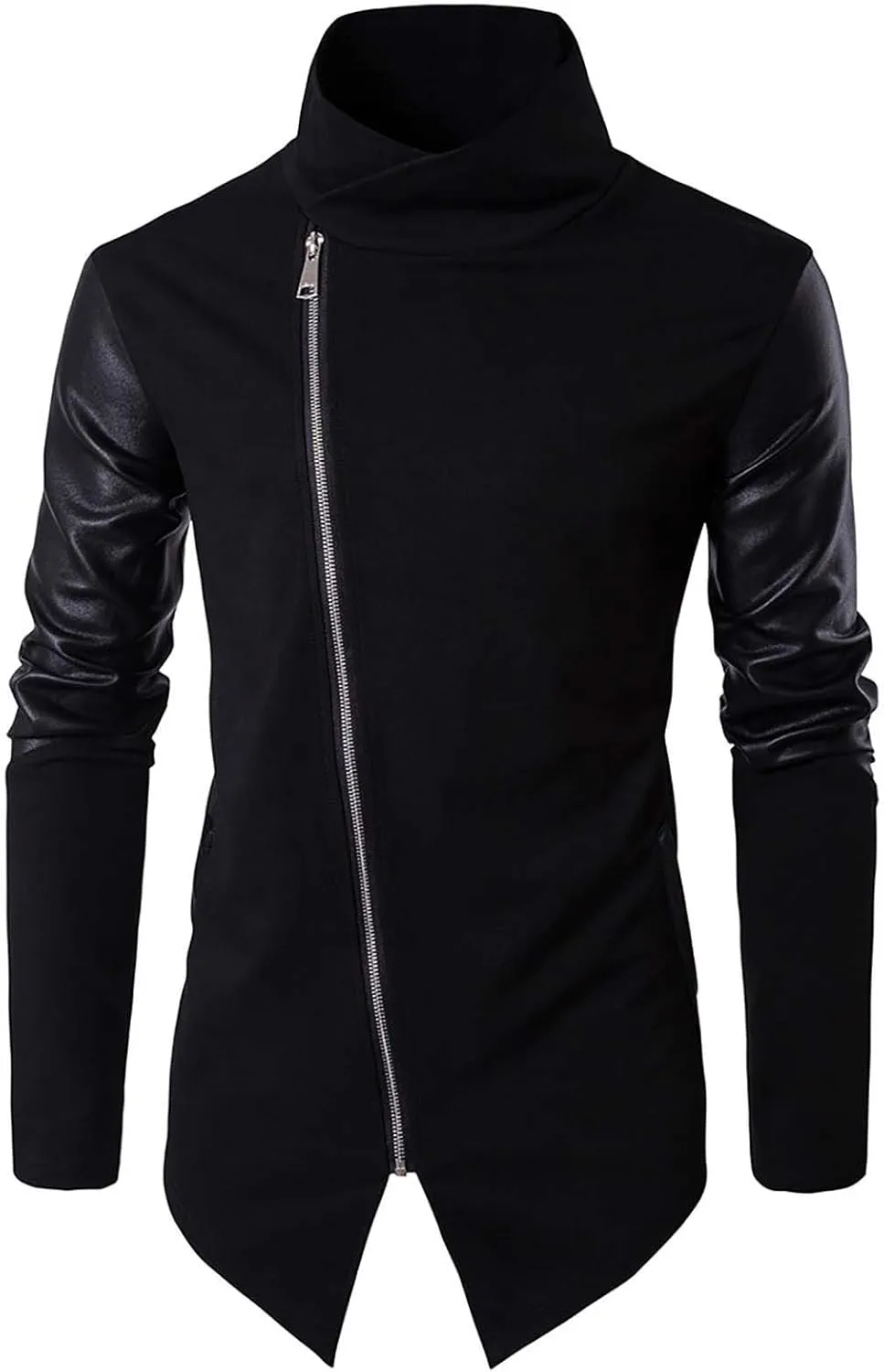 Men's Knit Leather Patchwork Jacket Windproof Zip-Up Stand Collar Slim Fit Black Casual Jacket Outwear for Men