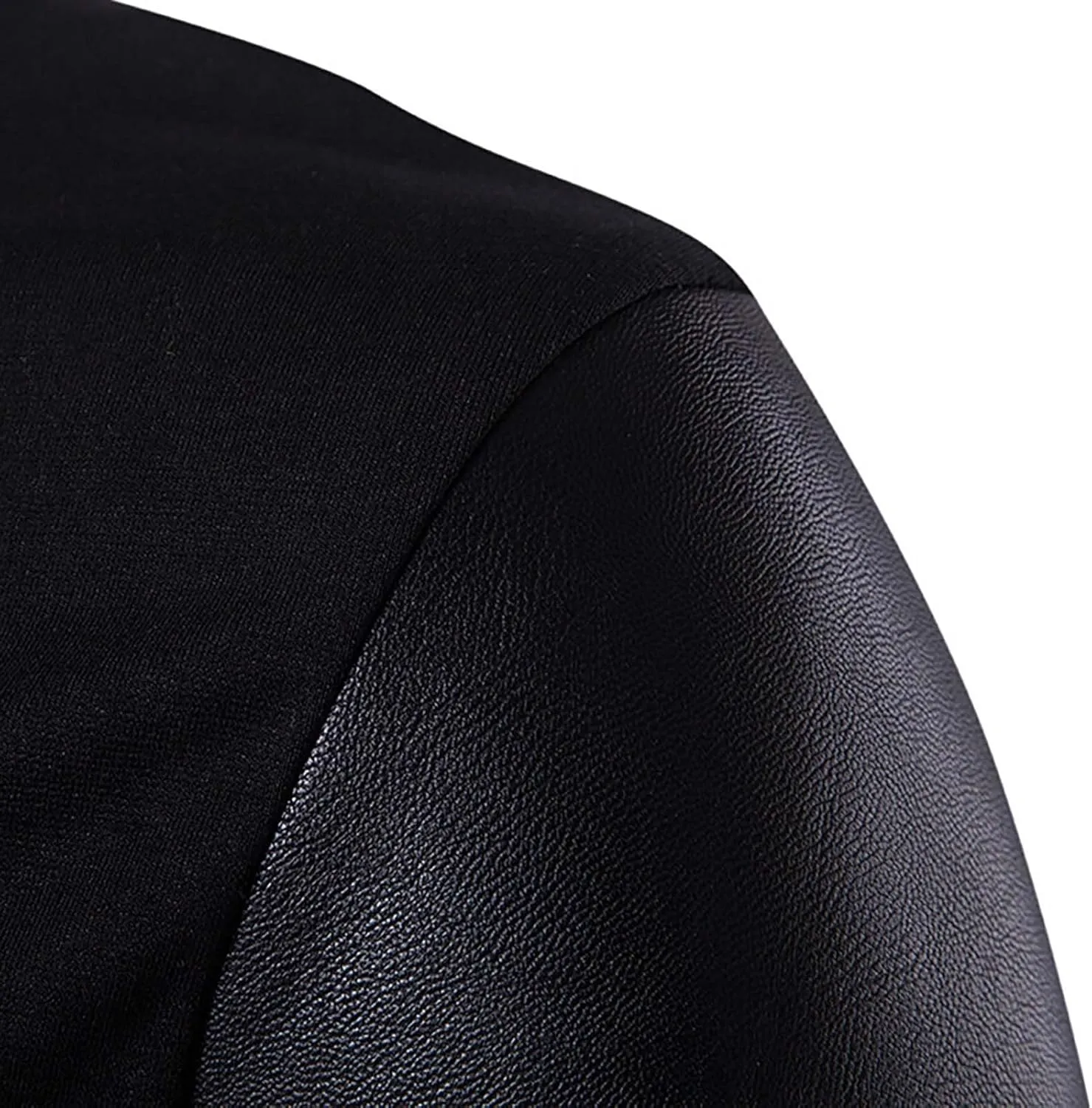 Men's Knit Leather Patchwork Jacket Windproof Zip-Up Stand Collar Slim Fit Black Casual Jacket Outwear for Men