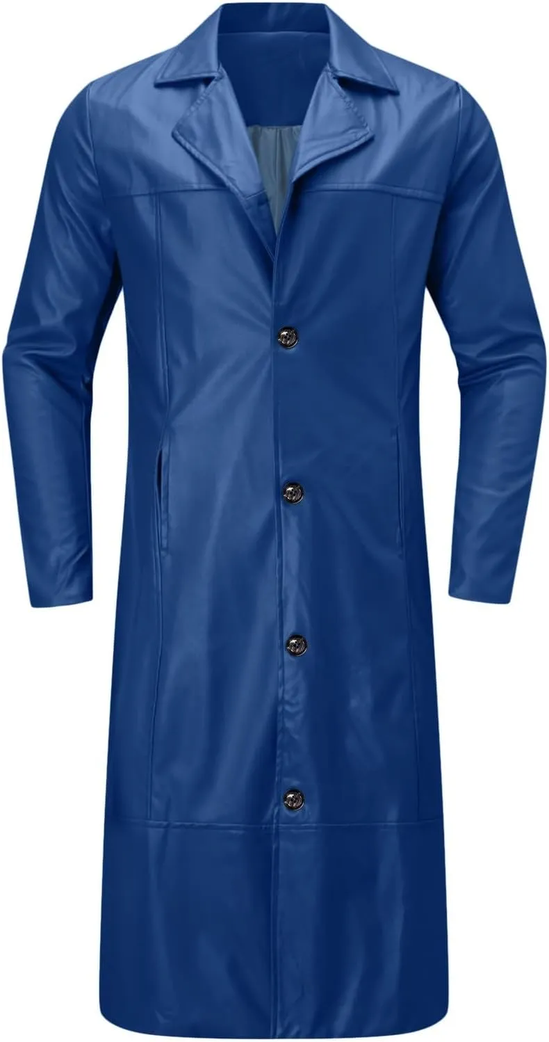 Men'S Leather Trench Coat Full Length Faux Leather Jackets Long Sleeve Cardigan Jacket Classic Vintage Winter Overcoat