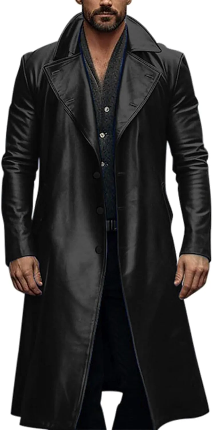Men'S Leather Trench Coat Full Length Faux Leather Jackets Long Sleeve Cardigan Jacket Classic Vintage Winter Overcoat
