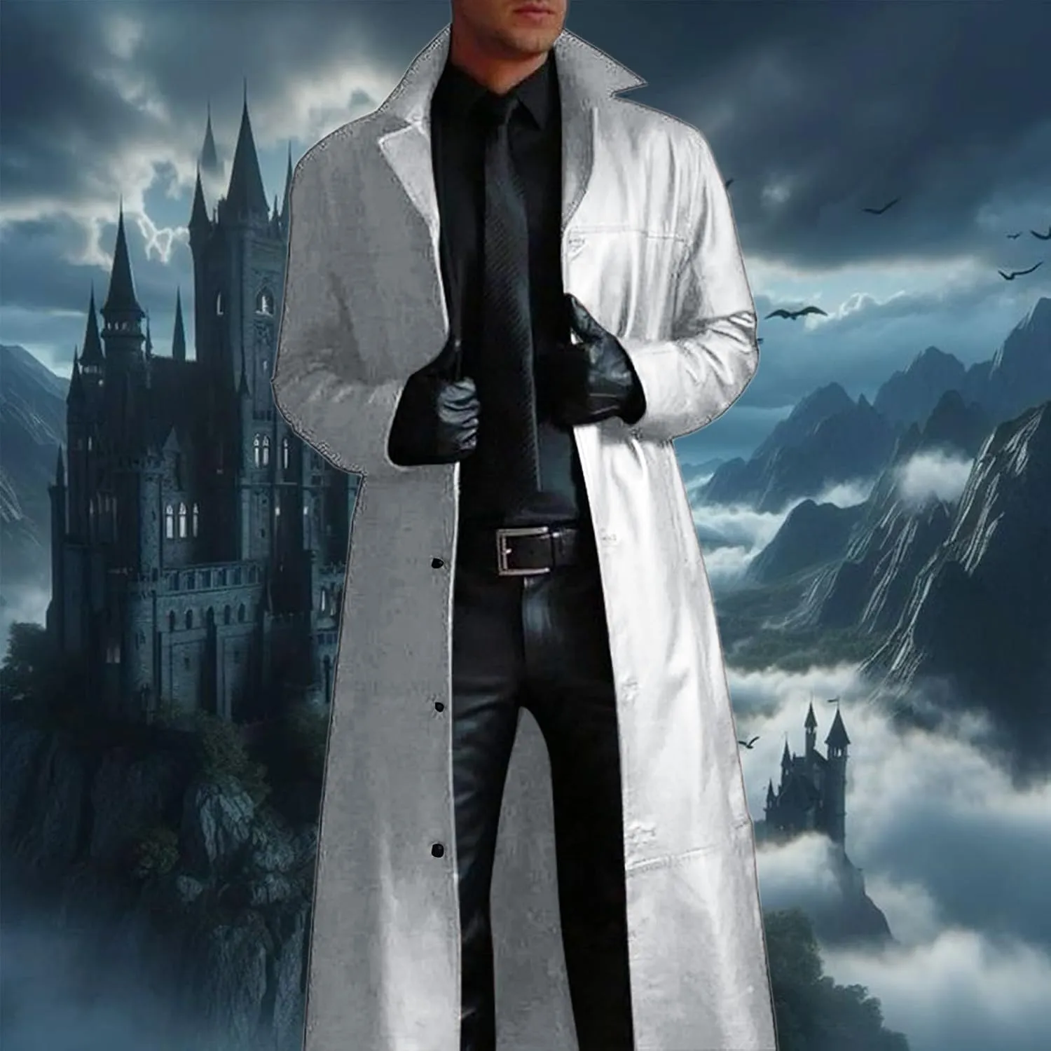 Men'S Leather Trench Coat Full Length Faux Leather Jackets Long Sleeve Cardigan Jacket Classic Vintage Winter Overcoat