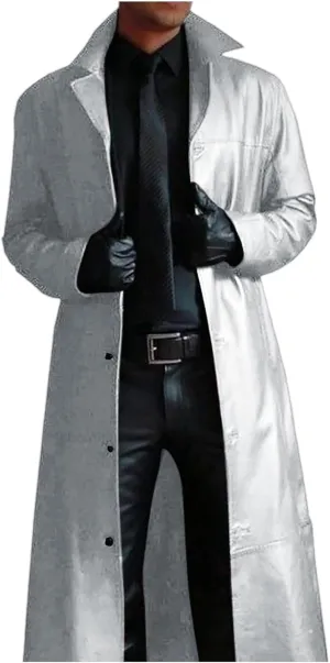 Men'S Leather Trench Coat Full Length Faux Leather Jackets Long Sleeve Cardigan Jacket Classic Vintage Winter Overcoat