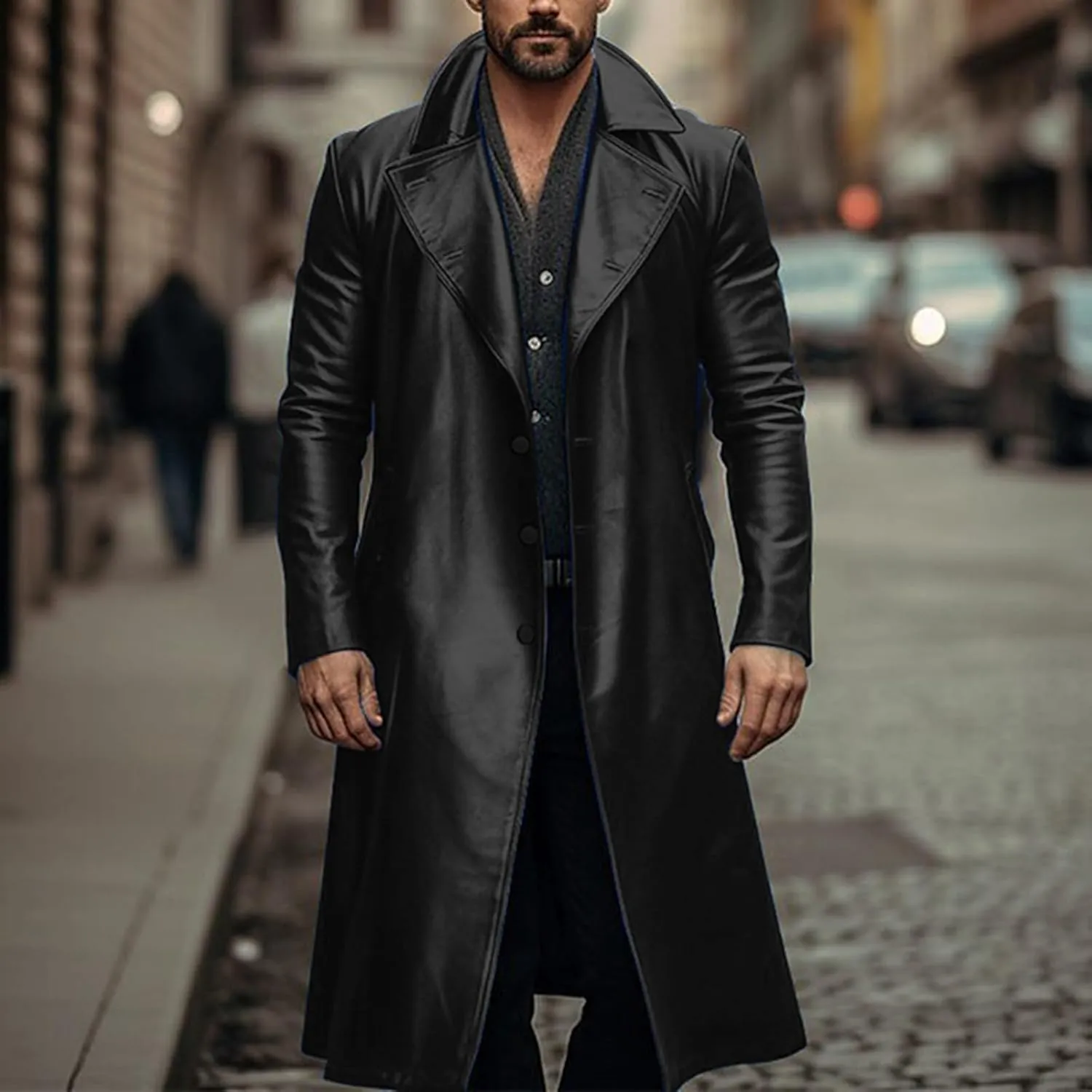 Men'S Leather Trench Coat Full Length Faux Leather Jackets Long Sleeve Cardigan Jacket Classic Vintage Winter Overcoat