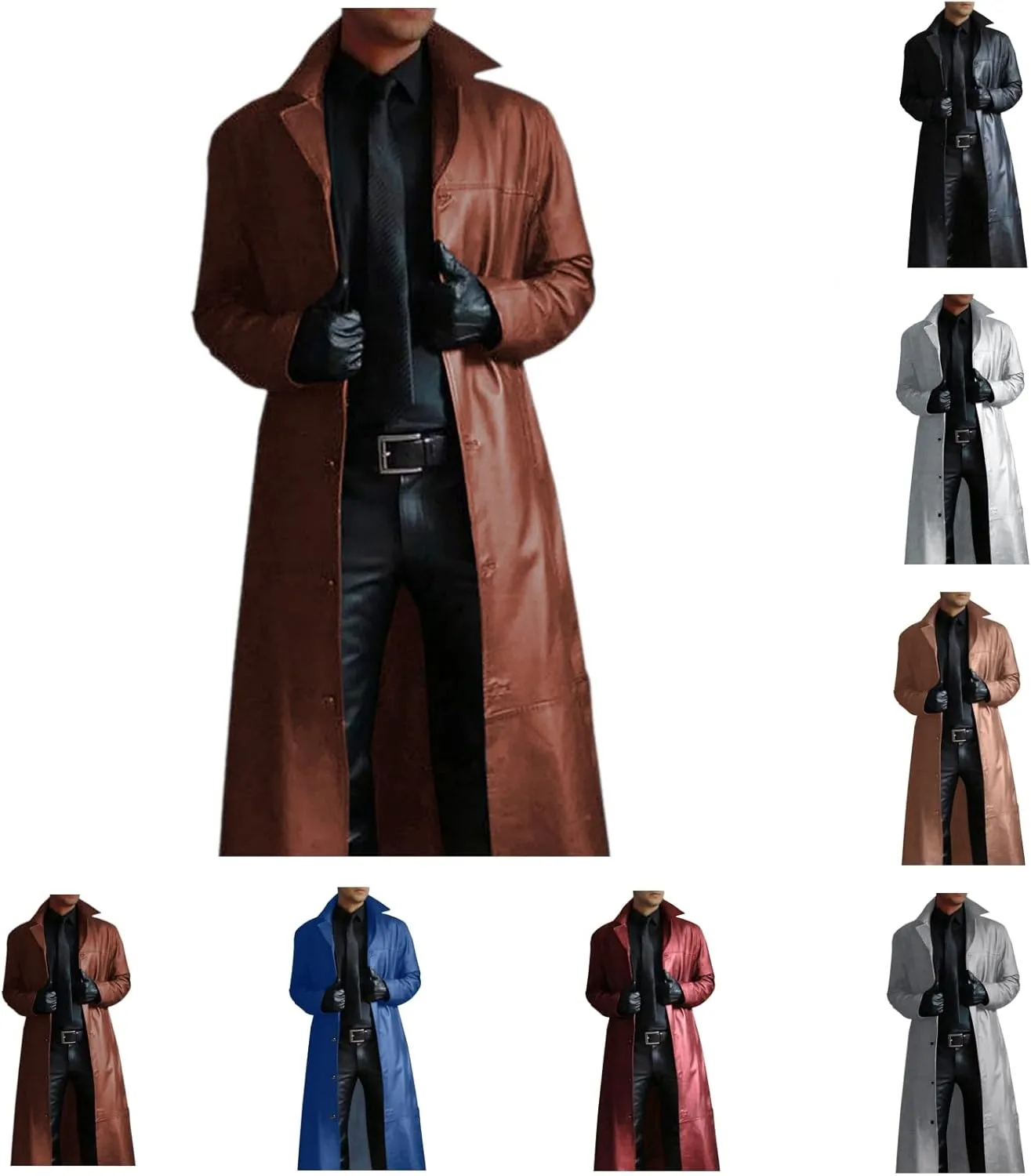 Men'S Leather Trench Coat Full Length Faux Leather Jackets Long Sleeve Cardigan Jacket Classic Vintage Winter Overcoat