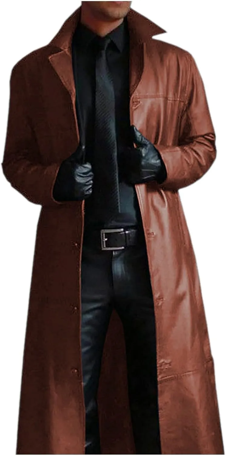 Men'S Leather Trench Coat Full Length Faux Leather Jackets Long Sleeve Cardigan Jacket Classic Vintage Winter Overcoat