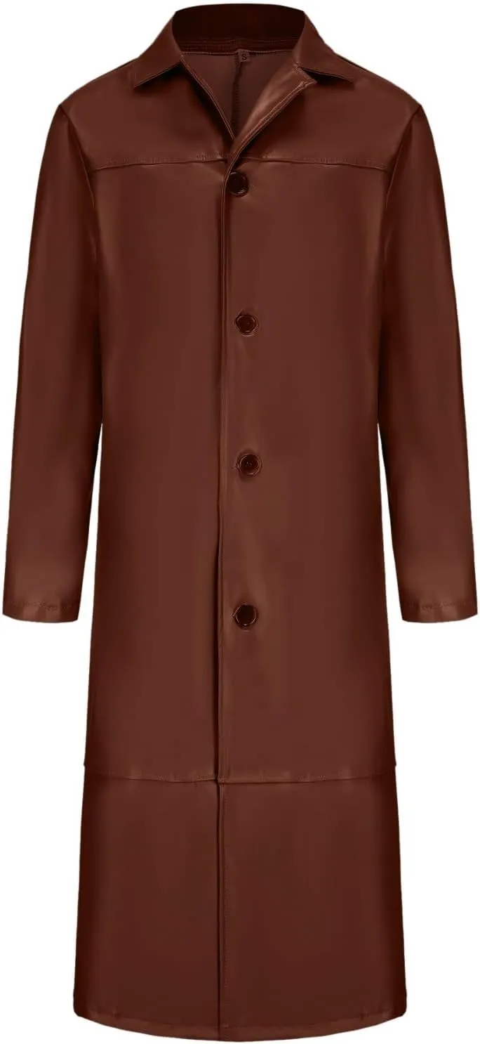 Men'S Leather Trench Coat Full Length Faux Leather Jackets Long Sleeve Cardigan Jacket Classic Vintage Winter Overcoat