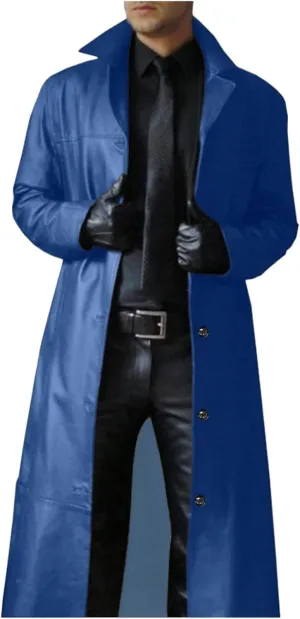 Men'S Leather Trench Coat Full Length Faux Leather Jackets Long Sleeve Cardigan Jacket Classic Vintage Winter Overcoat