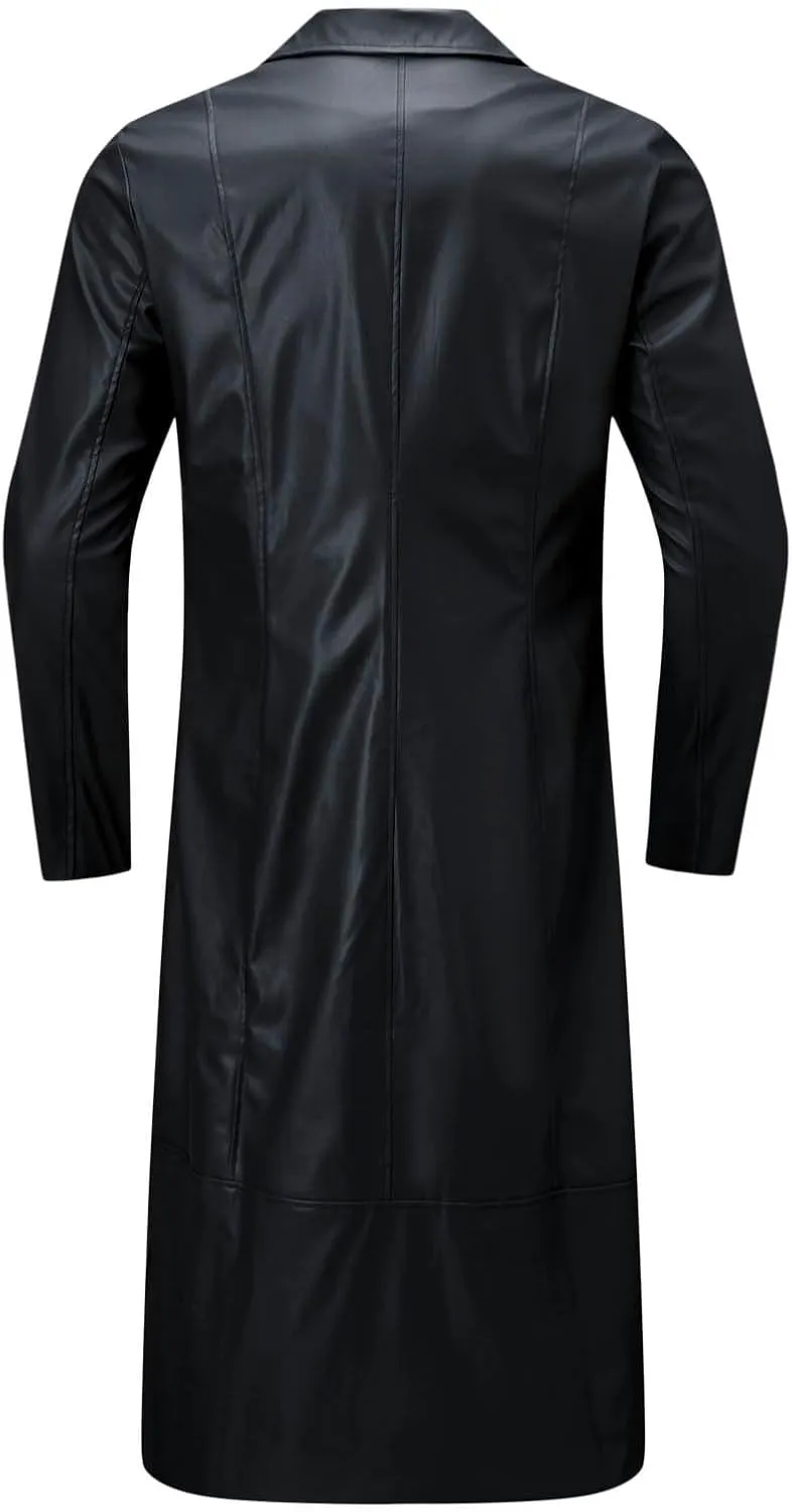 Men'S Leather Trench Coat Full Length Faux Leather Jackets Long Sleeve Cardigan Jacket Classic Vintage Winter Overcoat