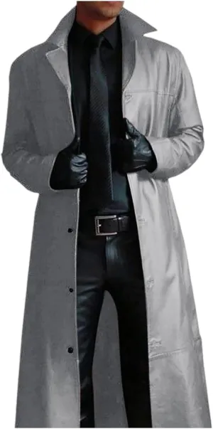 Men'S Leather Trench Coat Full Length Faux Leather Jackets Long Sleeve Cardigan Jacket Classic Vintage Winter Overcoat