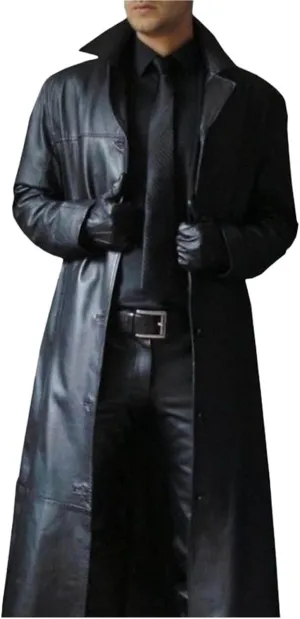 Men'S Leather Trench Coat Full Length Faux Leather Jackets Long Sleeve Cardigan Jacket Classic Vintage Winter Overcoat