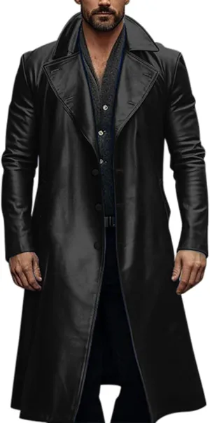 Men'S Leather Trench Coat Full Length Faux Leather Jackets Long Sleeve Cardigan Jacket Classic Vintage Winter Overcoat