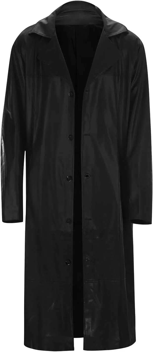 Men'S Leather Trench Coat Full Length Faux Leather Jackets Long Sleeve Cardigan Jacket Classic Vintage Winter Overcoat