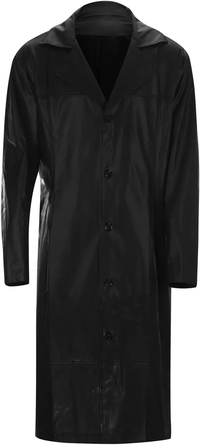 Men'S Leather Trench Coat Full Length Faux Leather Jackets Long Sleeve Cardigan Jacket Classic Vintage Winter Overcoat