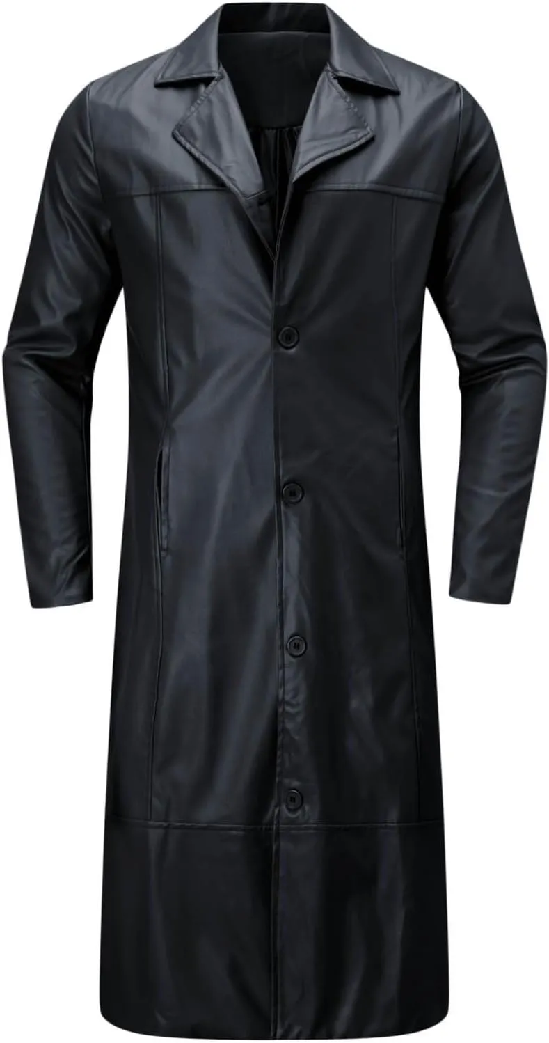 Men'S Leather Trench Coat Full Length Faux Leather Jackets Long Sleeve Cardigan Jacket Classic Vintage Winter Overcoat