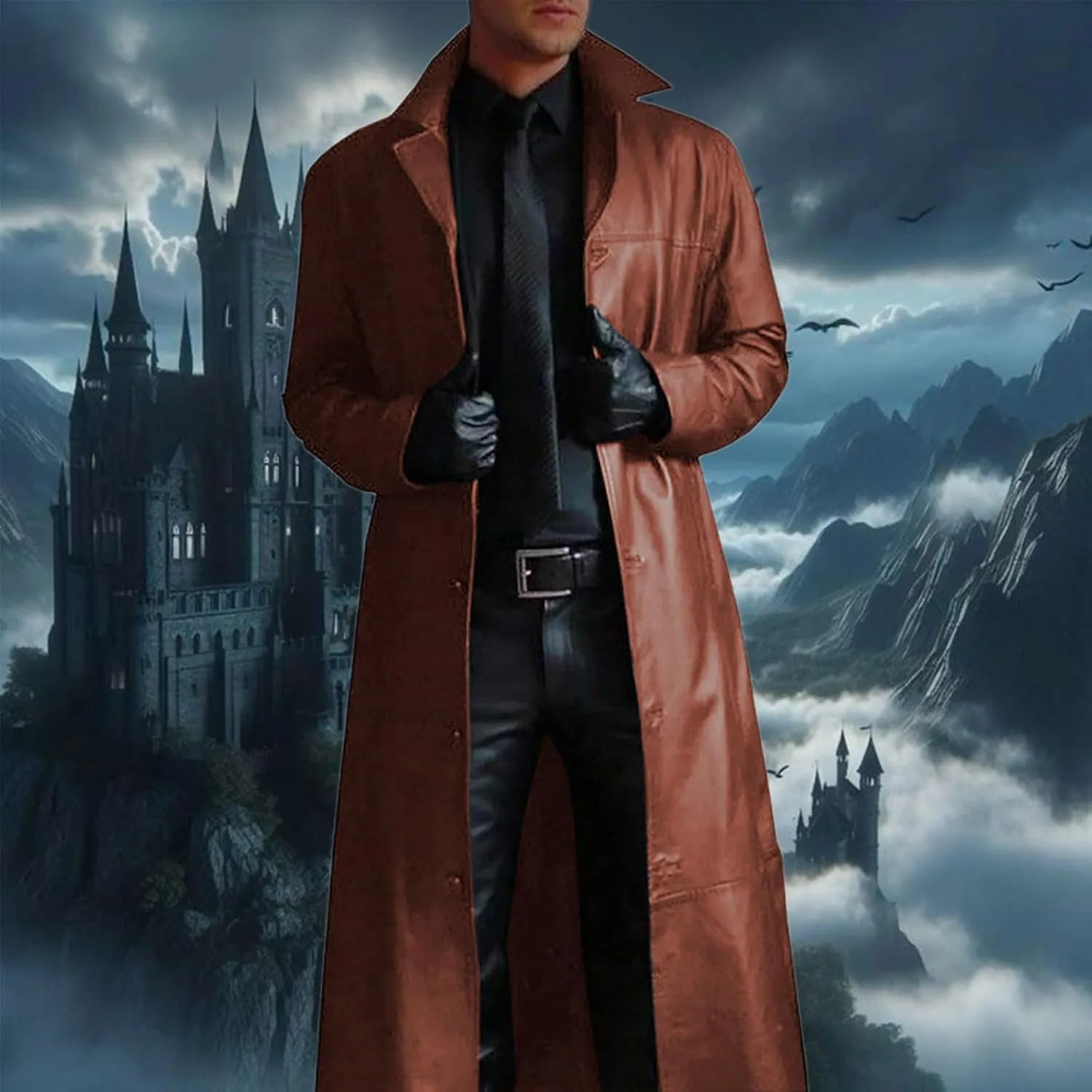 Men'S Leather Trench Coat Full Length Faux Leather Jackets Long Sleeve Cardigan Jacket Classic Vintage Winter Overcoat